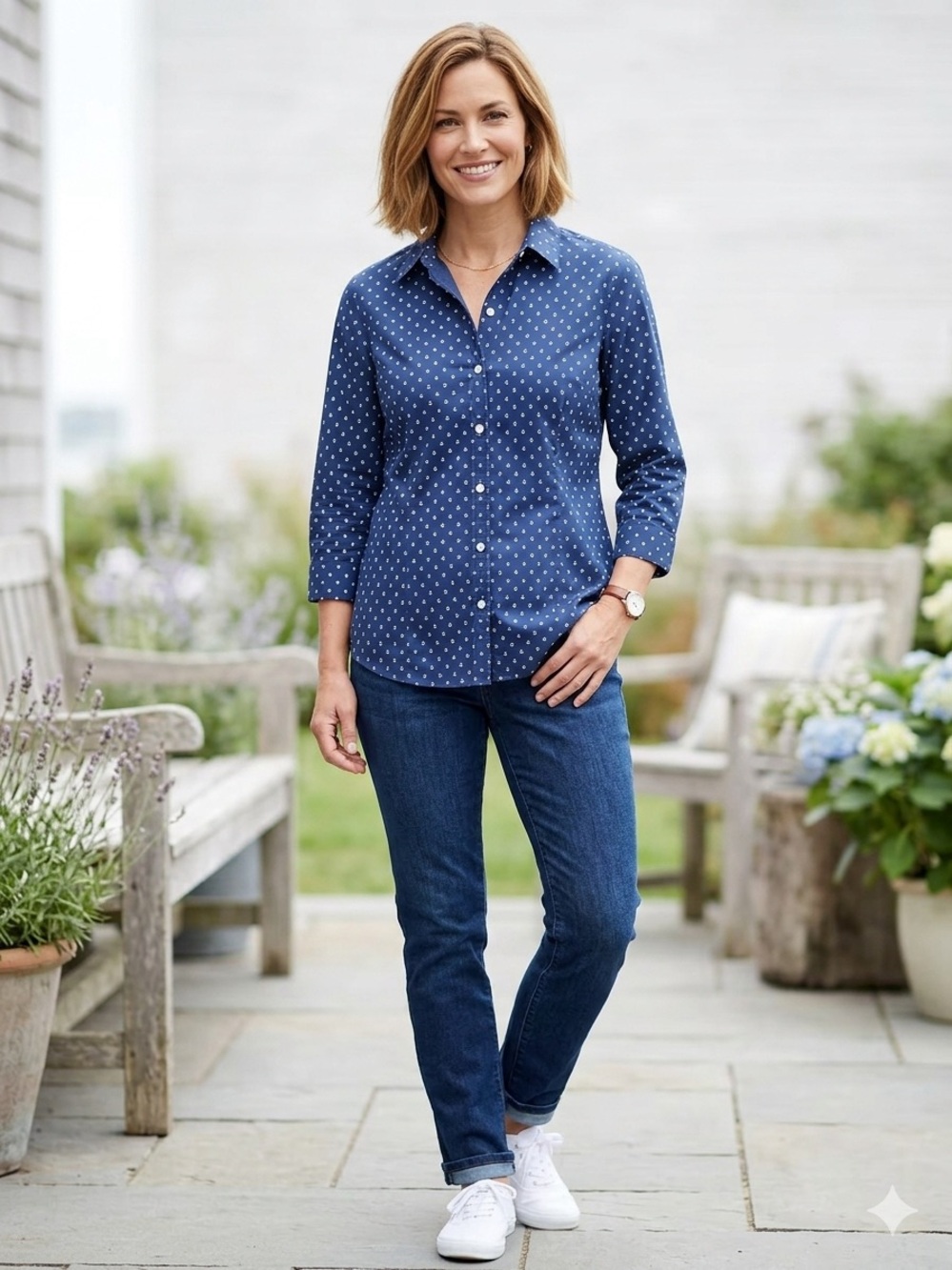 L.L. Bean Women's Wrinkle-Free Nautical Anchor Print Shirt - Large